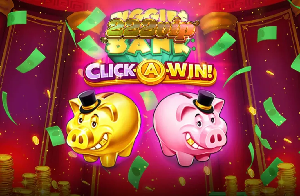 Uma tela de jogo de Piggies and the Bank: Click-A-Win mostrando moedas douradas com valores e o porquinho elegante em um ambiente luxuoso, otimizado para dispositivos móveis.